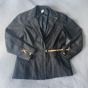 JEX Dark Denim Blazer Jacket with Shoulder Pads and Tan Details
